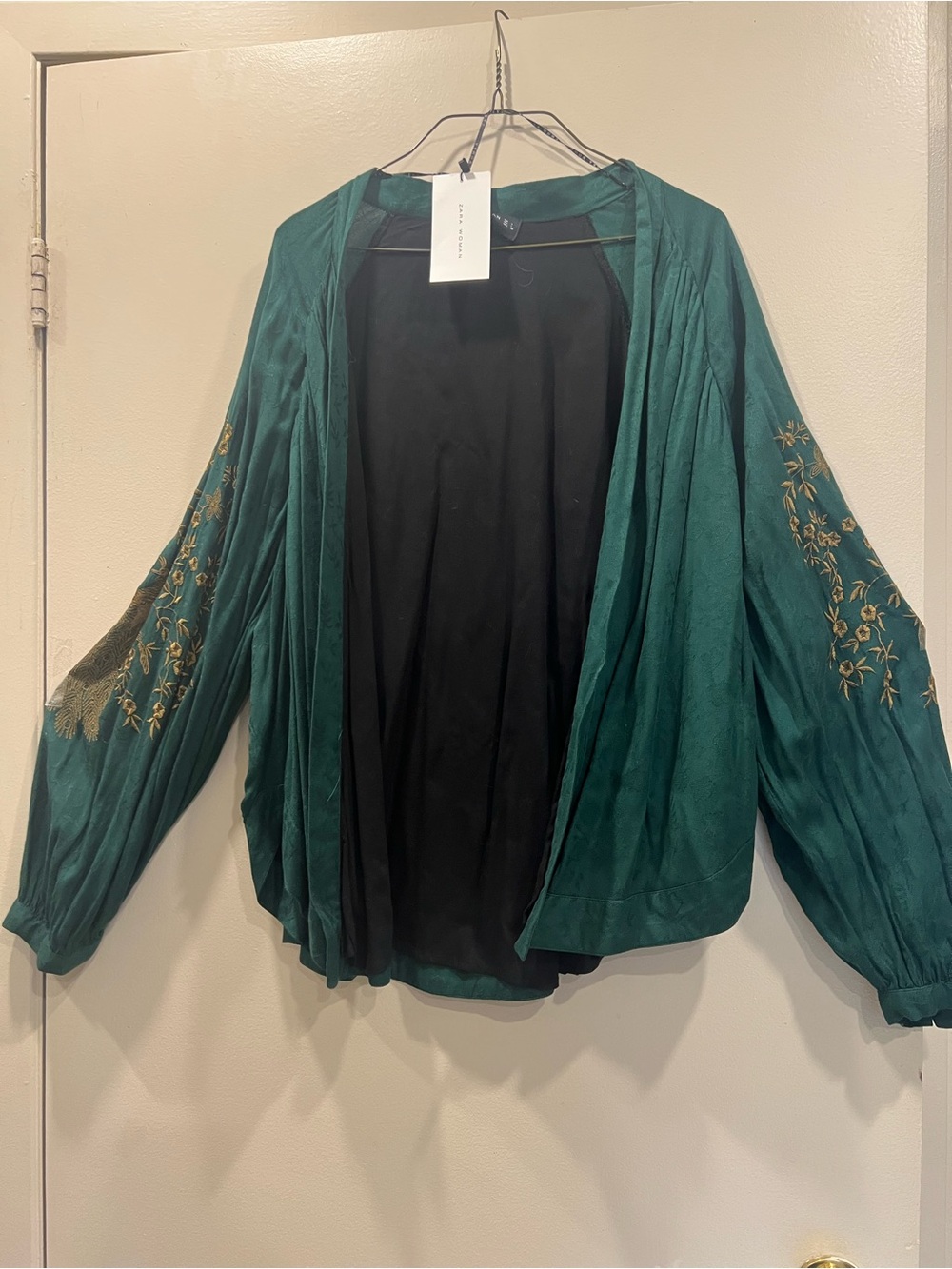 Zara Teal Green Embroidered Open-Front Jacket. Never worn
